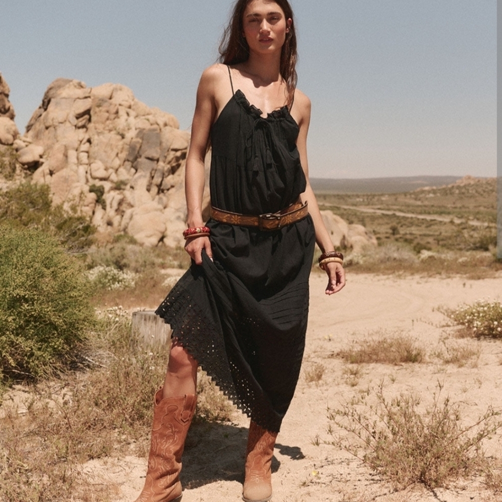 Spell Designs Love in The Afternoon Lace Maxi Strappy Dress Organic Cotton Sz L